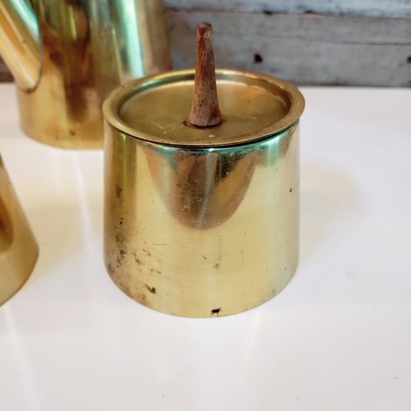 MCM Brass and Teak Japanese Tea Coffee Set Carafe Teapot Sugar Creamer Atomic - Picture 9 of 15